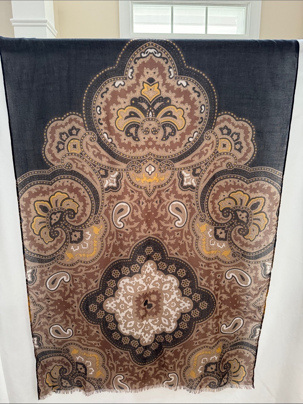 Talbots Brown Paisley Scarf with Black and Yellow Accents